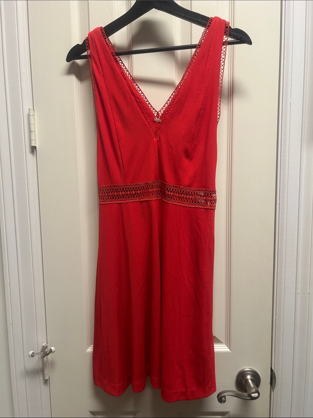 Free People Red V-Neck Mini Dress with Lace Waistband